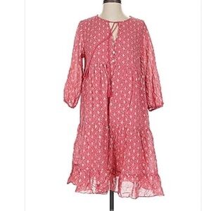 Scandal Italy Ordell Lurex Diamond Print Tiered Boho Mini Dress Long SL M Pink